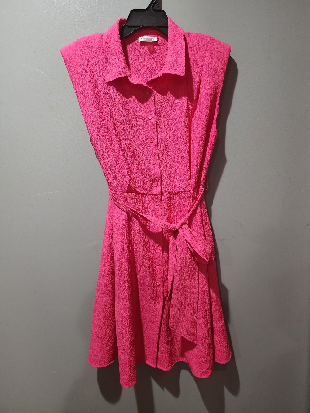 Calvin Klein Hot Pink Sleeveless Shirt Dress with Tie Waist
